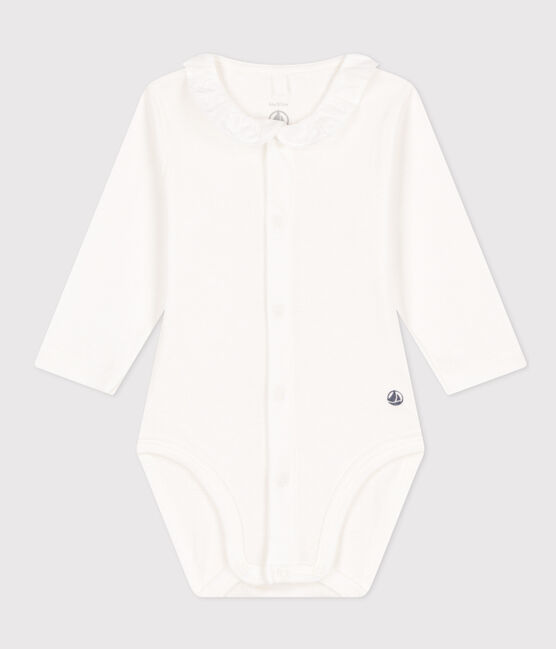 Langärmeliger Baby-Body aus Baumwolle mit Rüschenkragen weiss MARSHMALLOW