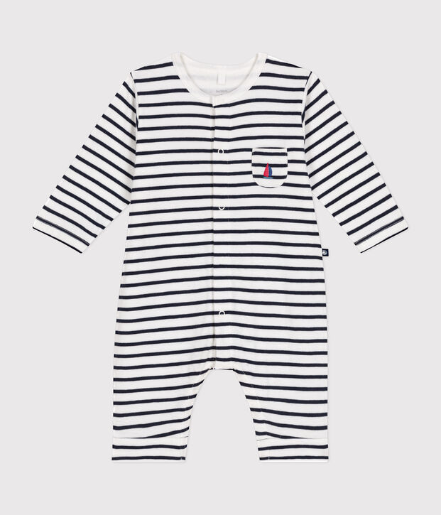 Langer Baby-Overall aus Doppeljersey weiss/blau