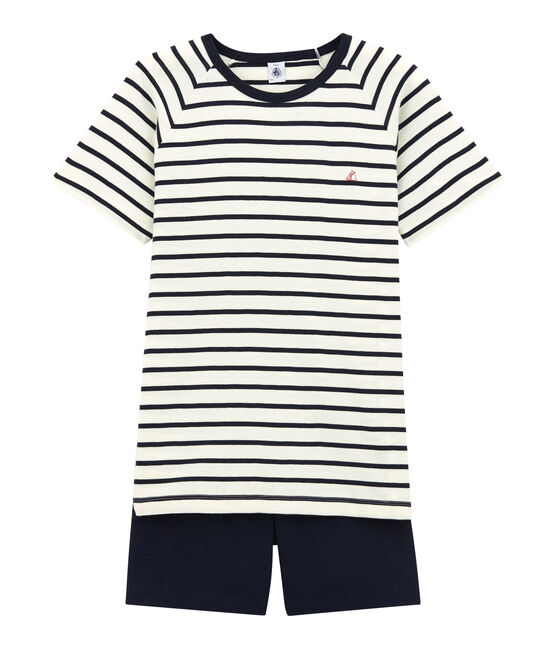 Rippstrick-Kurzpyjama für Jungen weiss MARSHMALLOW/blau SMOKING