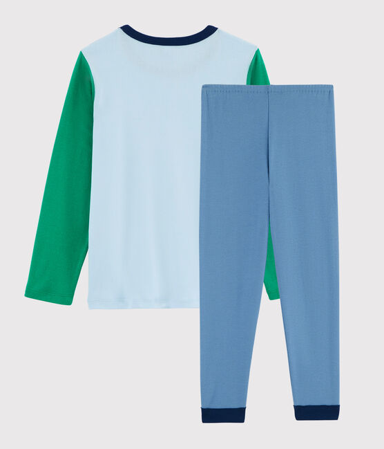 Yoga-Kinderpyjama aus Rippstrick mit Tieren für Jungen blau ALASKA/weiss MULTICO