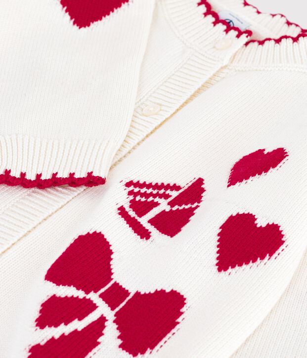 Kinder-Cardigan aus Wolle und Baumwolle mit Muster weiss/rot