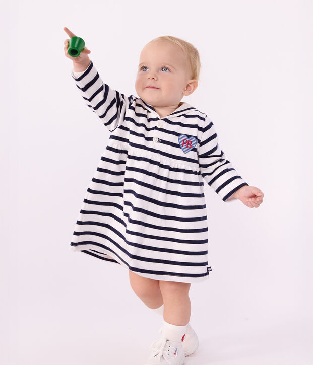 Lang&auml;rmeliges Babykleid aus Baumwolle mit Matrosenstreifen weiss/blau