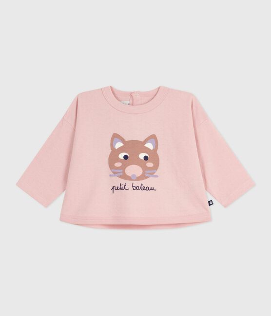 Langärmeliges Baby-T-Shirt aus Baumwolle mit Katzenmotiv rosa JOLI