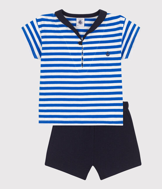 Zweiteiliges Baby-Set aus Baumwolle, T-Shirt mit Matrosenkragen blau PORCELANA/ SMOKING