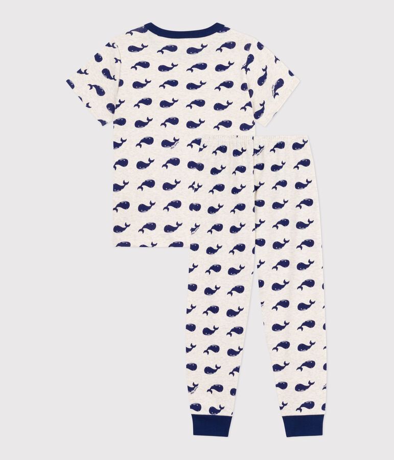 Kurz&auml;rmeliger Kinder-Pyjama mit langen Beinen aus bedruckter Baumwolle beige/blau