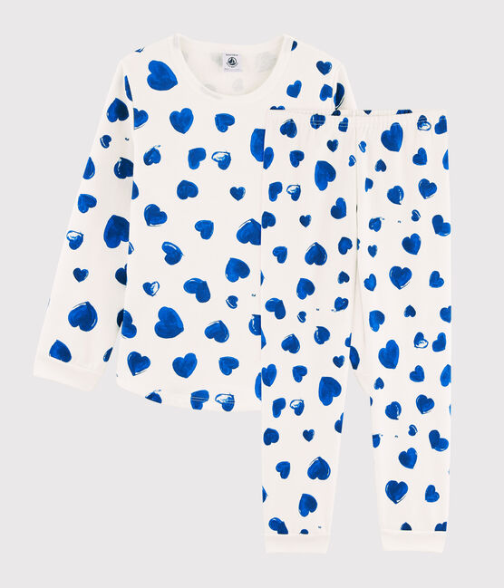 Pyjama aus Molton mit blauen Herzchen für Mädchen weiss MARSHMALLOW/blau BLEU