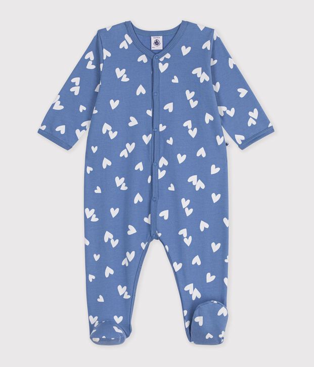 Strampler aus Molton mit Herzmotiven blau/weiss