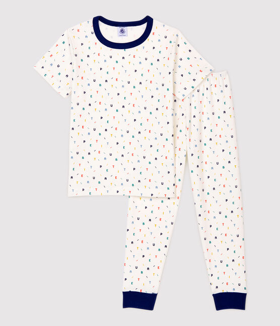 Kurzärmeliger Kinderpyjama aus Bio-Baumwolle mit mehrfarbigem Buchstaben-Print für Jungen weiss MARSHMALLOW/weiss MULTICO
