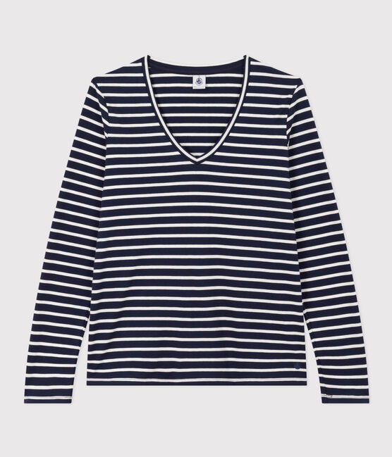 Damen-T-Shirt LE DROIT aus Baumwolle mit V-Ausschnitt blau SMOKING/weiss MARSHMALLOW