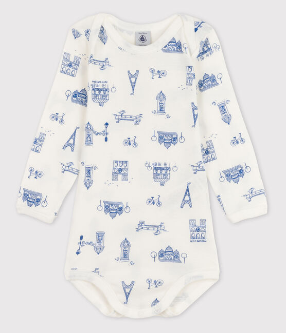 Langärmliger Baby-Body für Mädchen weiss MARSHMALLOW/blau MAJOR
