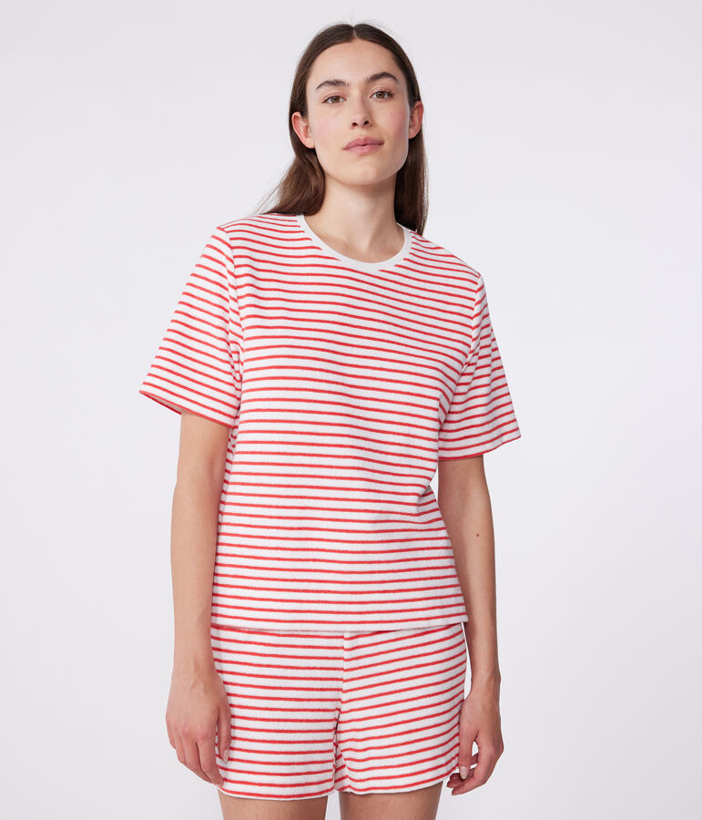 Damen-Kurzpyjama aus Baumwolle mit Streifen weiss/rot