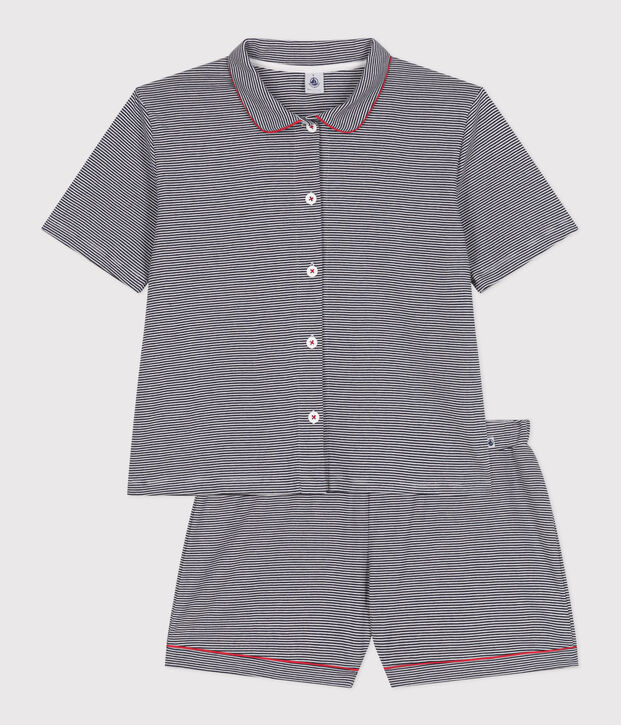 Gestreifter kurzer Damen-Schlafanzug aus Baumwolle mit Kn&ouml;pfen blau/weiss