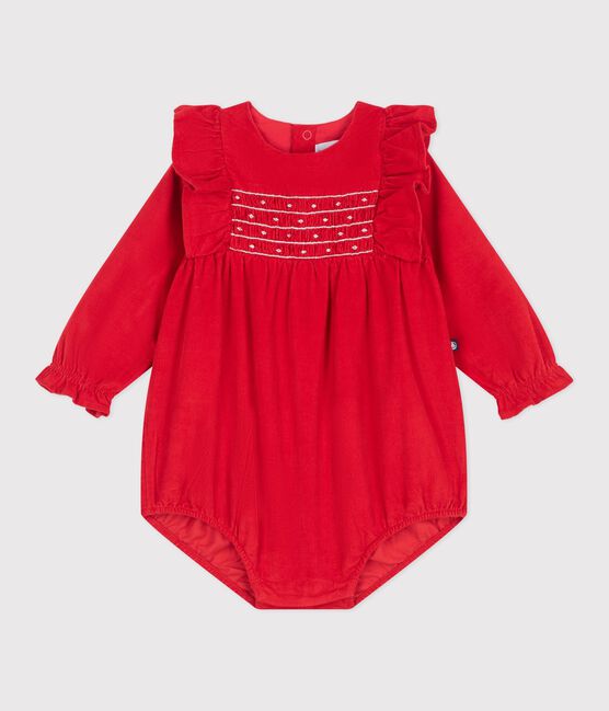 Baby-Kurzoverall aus Fein-Cord mit Raffungen und Rüschen rot TERKUIT