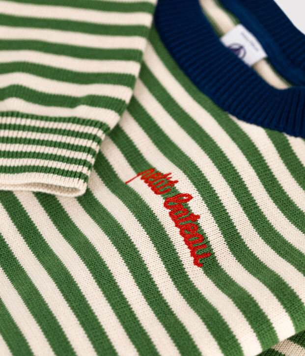 Kinder-Pullover aus Baumwolle mit Streifen gr&uuml;n/naturfarben