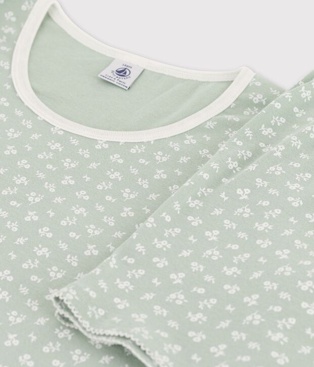 Kinder-Kurzpyjama aus Baumwolle mit Blumen f&uuml;r M&auml;dchen gr&uuml;n/weiss