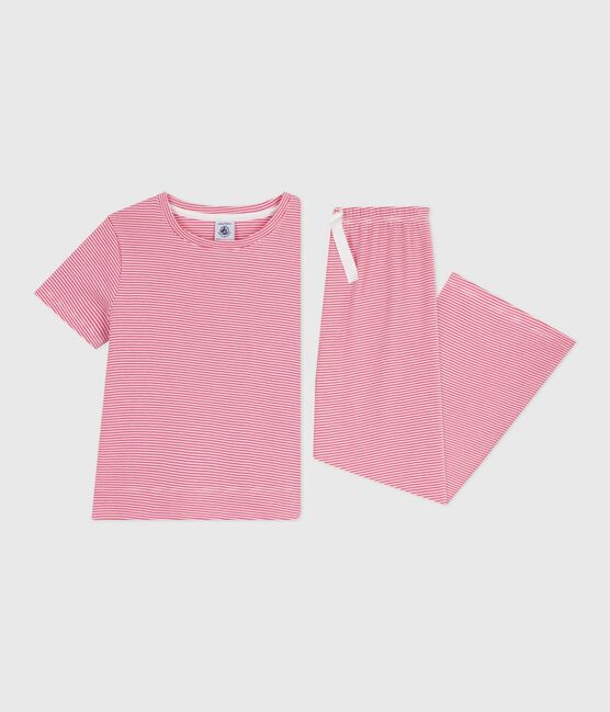 Kurzärmeliger Kinder-Pyjama aus Baumwolle mit weiten Beinen und Streifen rosa PEONIA/ MARSHMALLOW