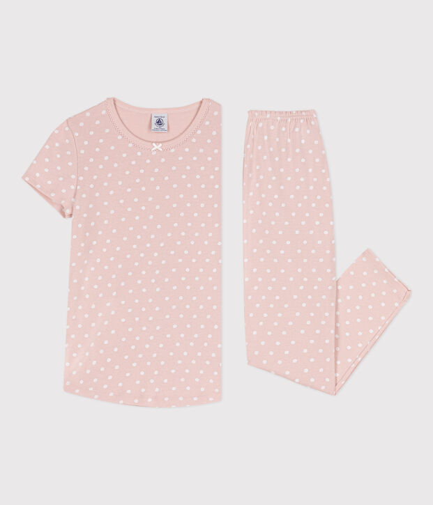 Kurz&auml;rmeliger Kinderpyjama aus Baumwolle mit Tupfen f&uuml;r M&auml;dchen rosa/weiss