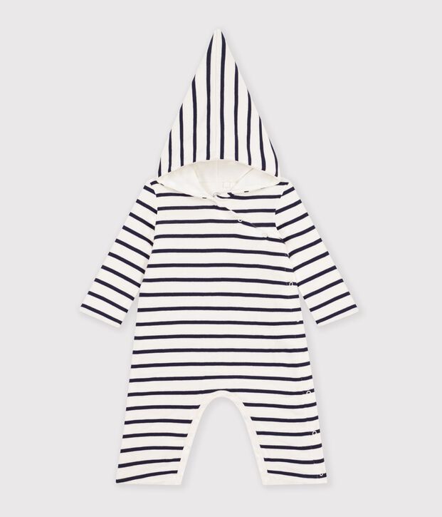 Gestreifter Baby-Overall mit Kapuze weiss/blau
