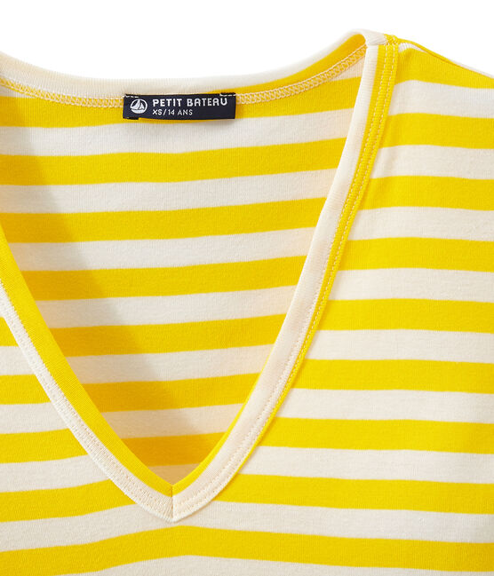 Gestreiftes Damen-T-Shirt mit V-Ausschnitt aus Original-Rippstrick gelb SHINE/weiss MARSHMALLOW