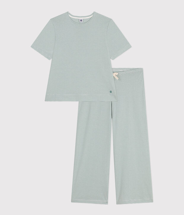 Damenpyjama aus Baumwolle, mit Ringelstreifen gr&uuml;n/weiss