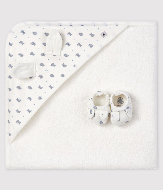 Box mit Badetuch und Babyschuhen aus Frottee und Bio-Baumwolle weiss MARSHMALLOW/grau GRIS/ MULTICO