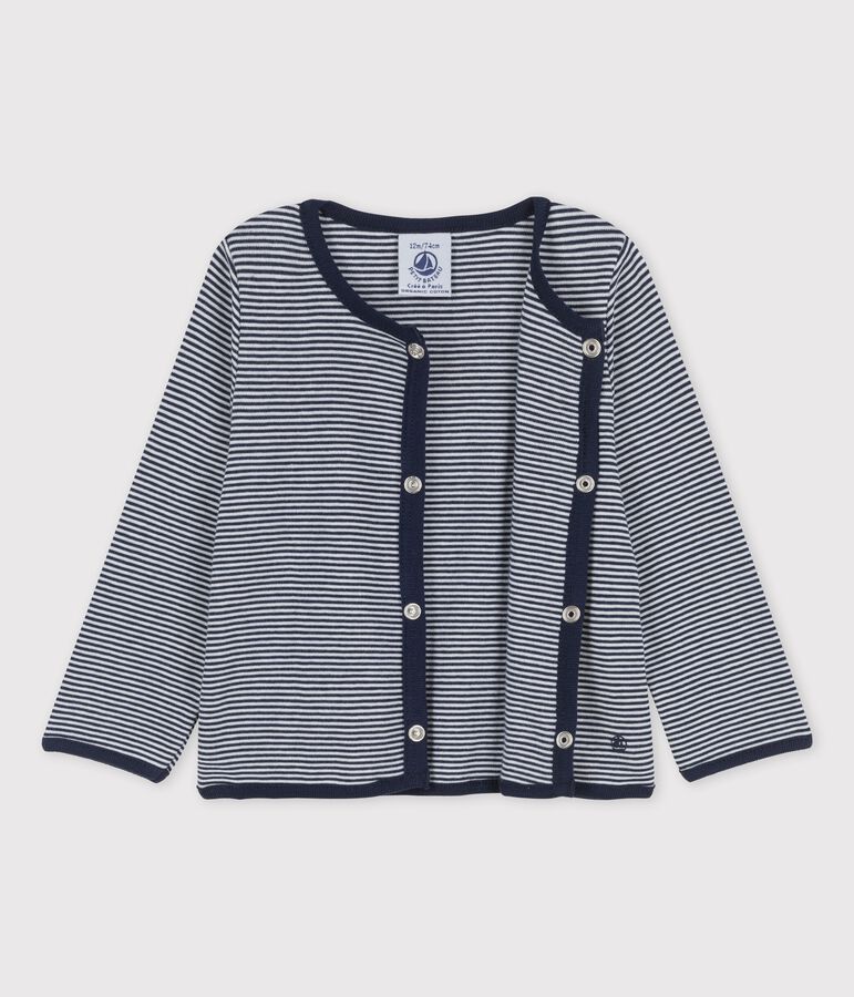 Baby-Strickjacke aus Bio-Baumwolle mit Ringelstreifen blau/weiss