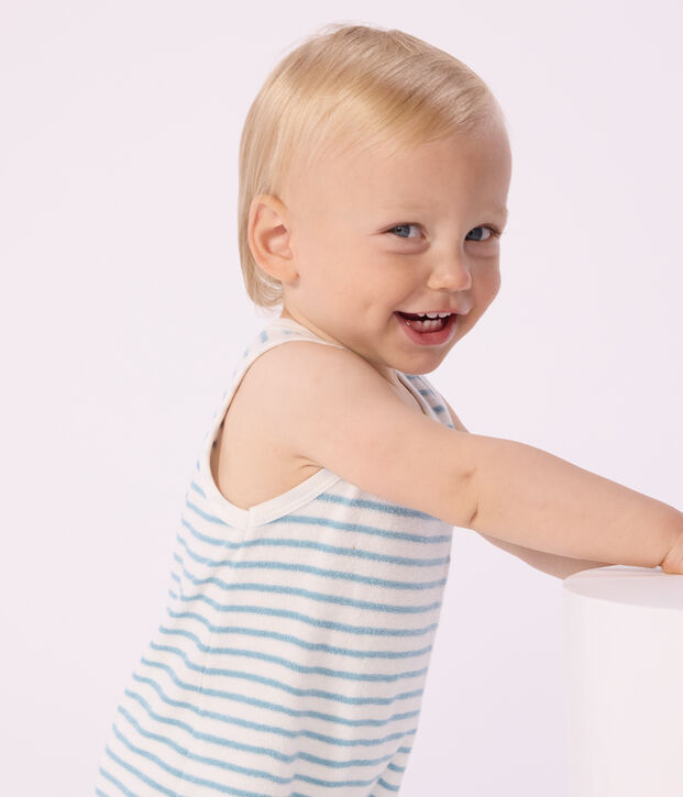 &Auml;rmelloser Baby-Kurzoverall aus Frottee   mit Streifen weiss/blau