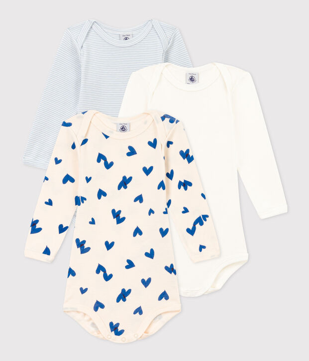 3er-Set lang&auml;rmelige Baby-Bodys aus Baumwolle mit blauen Herzen vielfarbig