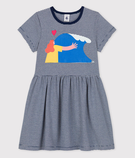 Kinderkleid für Mädchen Petit Bateau × Water Family blau MEDIEVAL/weiss MARSHMALLOW