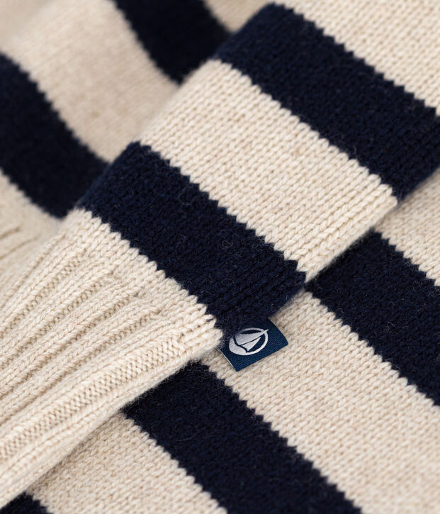 Damen-Pullover aus Wolle und Baumwolle naturfarben/blau