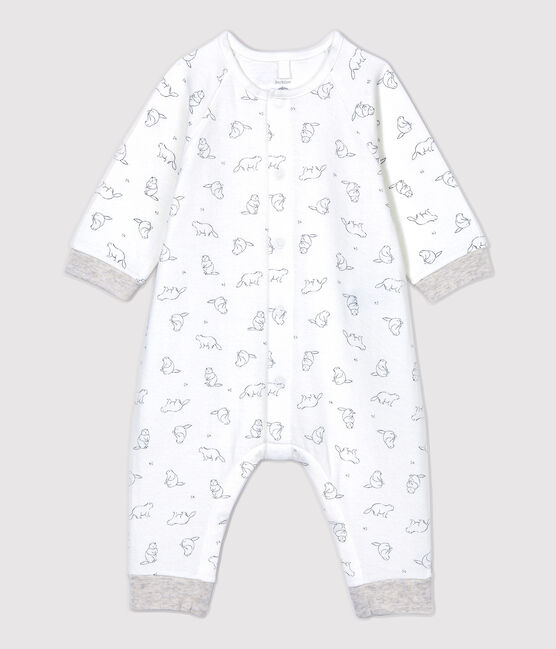 Langer Baby-Overall aus Bio-Baumwolle mit Murmeltier-Muster weiss MARSHMALLOW/grau GRIS