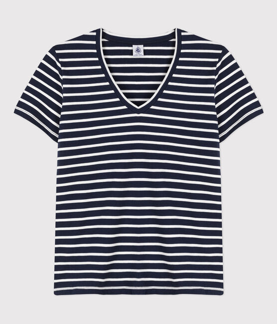 T-Shirt LE CLASSIQUE mit V-Ausschnitt aus Baumwolle für Damen blau SMOKING/weiss MARSHMALLOW