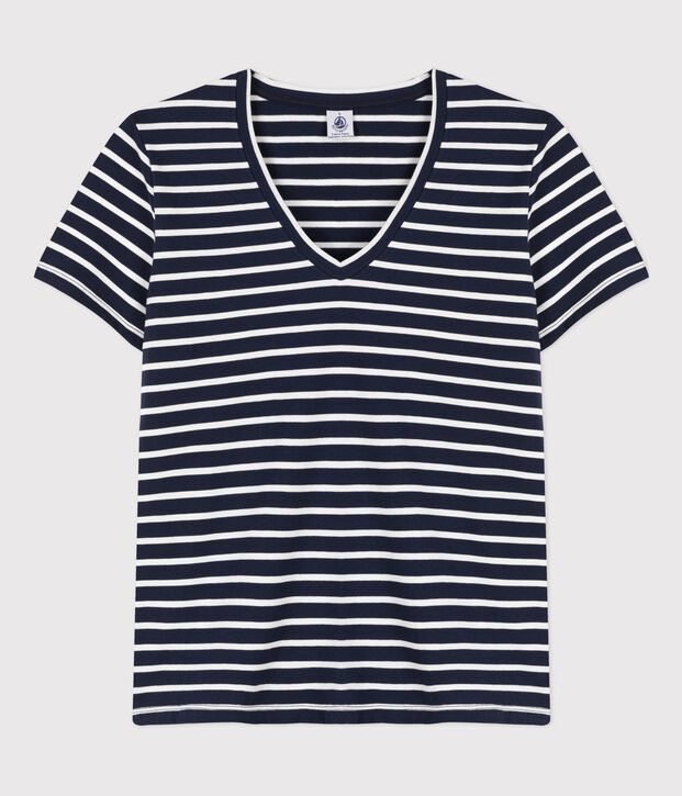 T-Shirt LE CLASSIQUE mit V-Ausschnitt aus Baumwolle f&uuml;r Damen blau/weiss