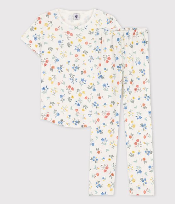Kurzärmeliger Kinderpyjama aus Baumwolle mit Blumen für Mädchen weiss MARSHMALLOW/weiss MULTICO