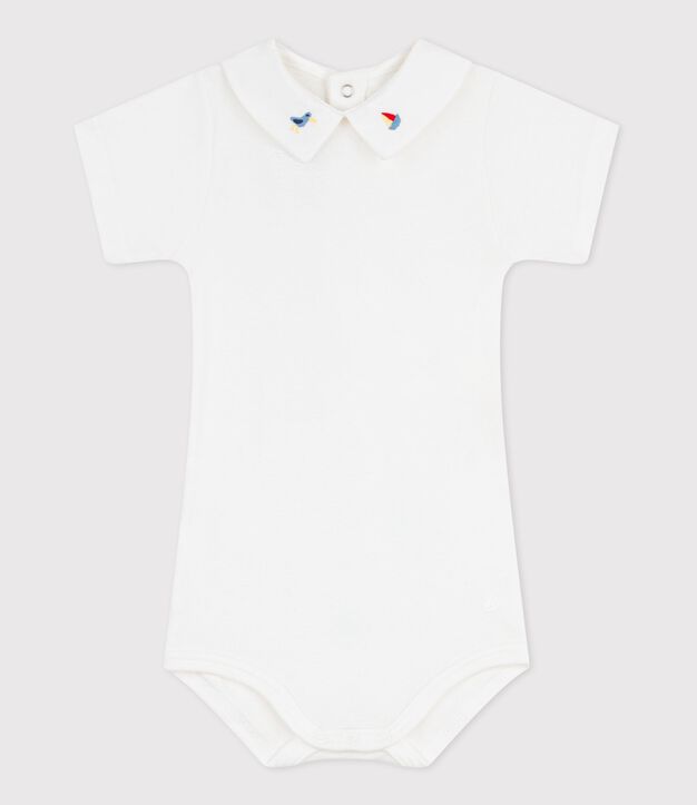 Baby-Body mit besticktem Kragen aus einfarbiger Baumwolle weiss