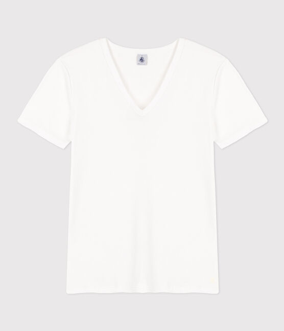 Kurzärmeliges Damen-T-Shirt L'ICONIQUE aus einfarbigem Rippstrick weiss ECUME