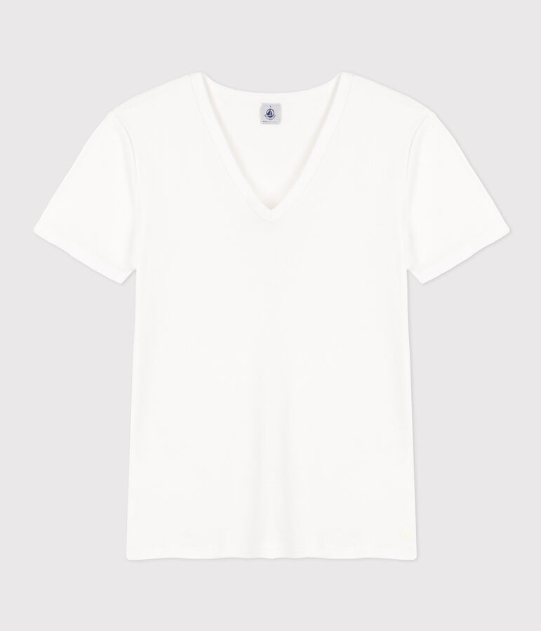 Kurz&auml;rmeliges Damen-T-Shirt L'ICONIQUE aus einfarbigem Rippstrick weiss ECUME