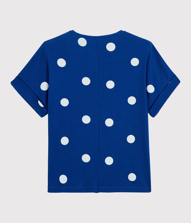 T-Shirt aus Baumwolle/Leinen mit Printmuster Damen blau/weiss