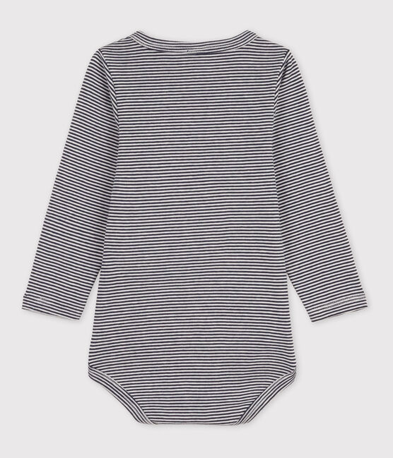 Langärmeliger gestreifter Baby-Body aus Baumwolle mit Tunikaausschnitt blau SMOKING/weiss MARSHMALLOW
