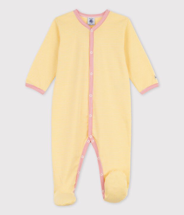 Gestreifter Baby-Strampler aus Bio-Baumwolle gelb/weiss