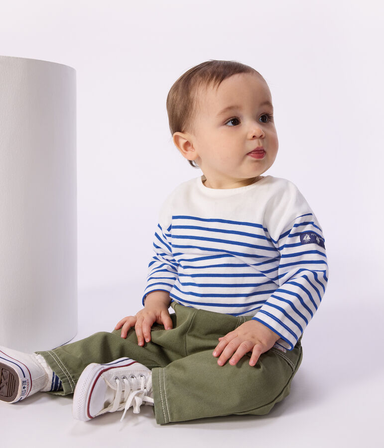 Lang&auml;rmeliges Baby-Streifenshirt Marini&egrave;re aus Baumwolle weiss MARSHMALLOW/blau PERSE