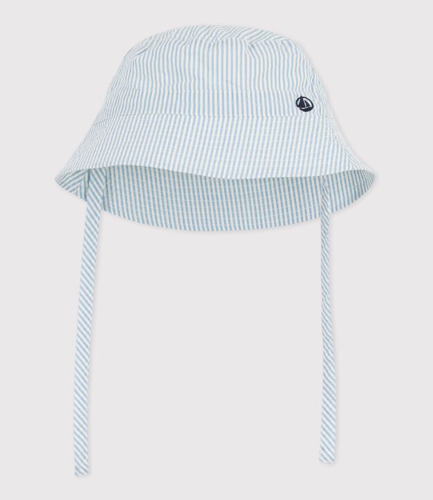 Baby-Sonnenhut aus Seersucker zum Binden blau/weiss