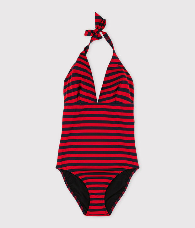 Damen-Badeanzug aus recyceltem Material blau/rot