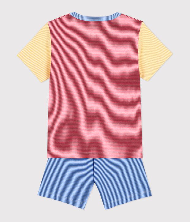 Kinder-Kurzpyjama aus Baumwolle mit roten, blauen und gelben Ringelstreifen f&uuml;r Jungen rot/vielfarbig