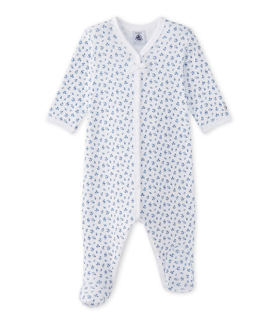 Bedruckter Baby-Mädchen-Strampler weiss ECUME/blau BLEU