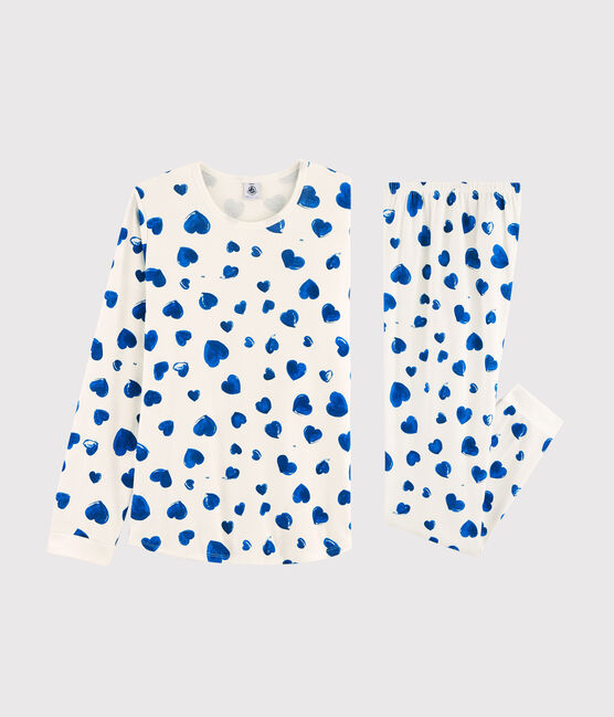 Pyjama aus Rippstrick mit Herzchenmotiv für Mädchen/Damen weiss MARSHMALLOW/blau BLEU