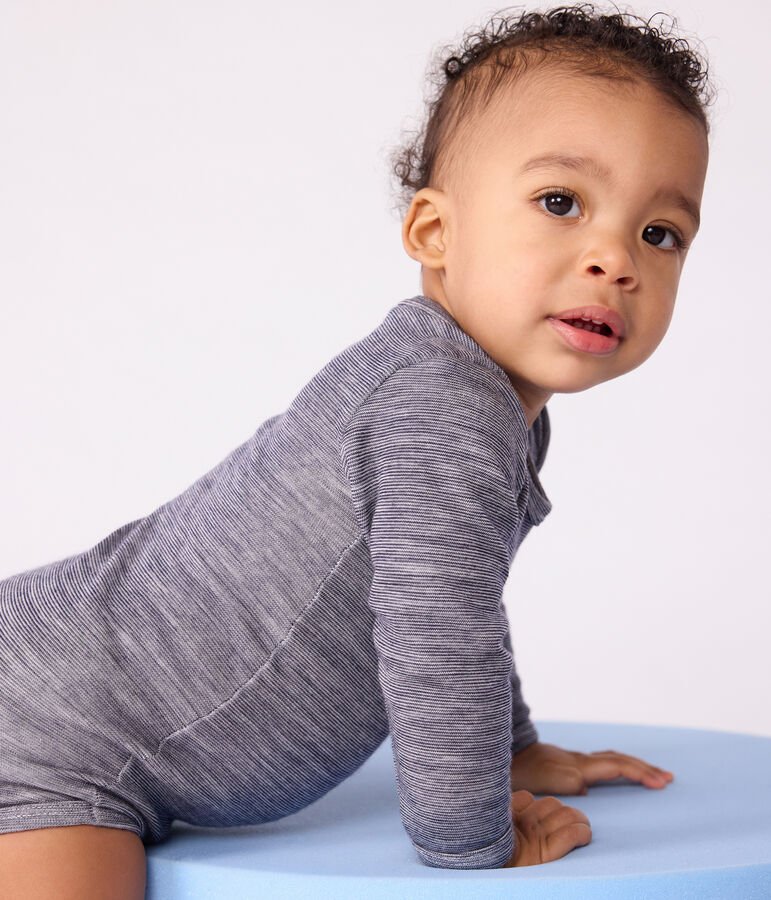 Lang&auml;rmliger Baby-Body aus Wolle und Baumwolle blau/weiss