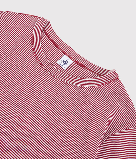 Klassisches Damen-T-Shirt mit Rundhalsausschnitt aus gestreifter Baumwolle rot SANGRIA/ MARSHMALLOW