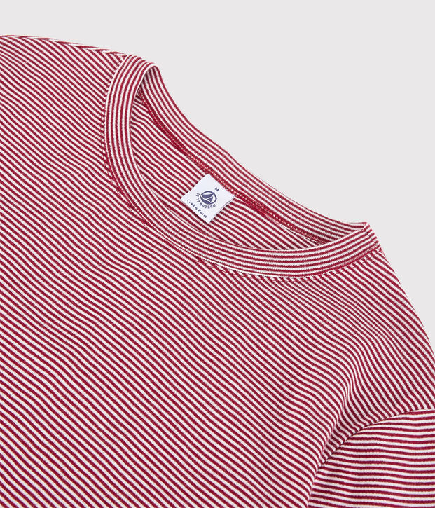 Klassisches Damen-T-Shirt mit Rundhalsausschnitt aus gestreifter Baumwolle rot/weiss