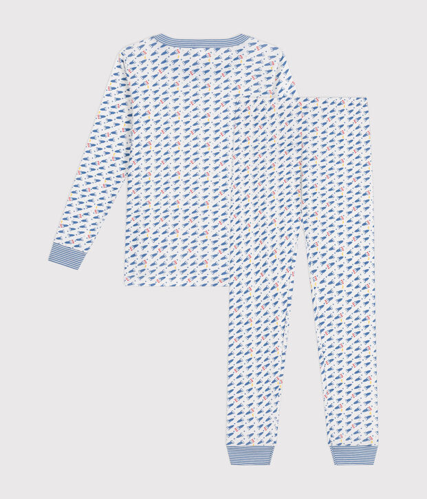 Eng anliegender Kinder-Pyjama aus Baumwolle mit Raketenmotiv weiss/vielfarbig